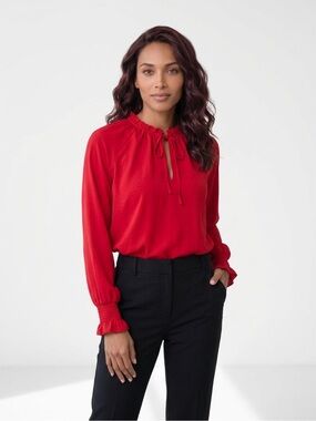 DKNY Red Ruffle-Neck Long Sleeve Blouse